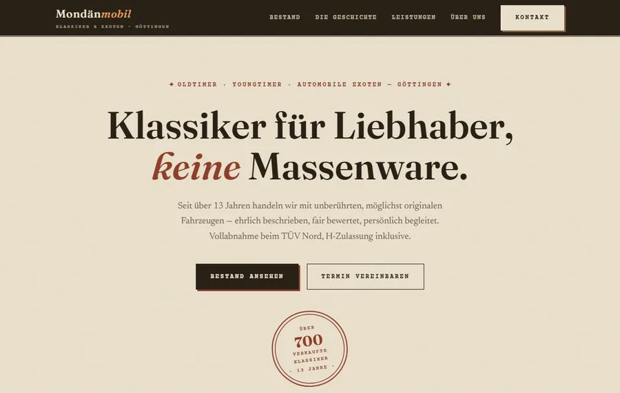 Startseite von Mondänmobil mit Fahrzeugbestand