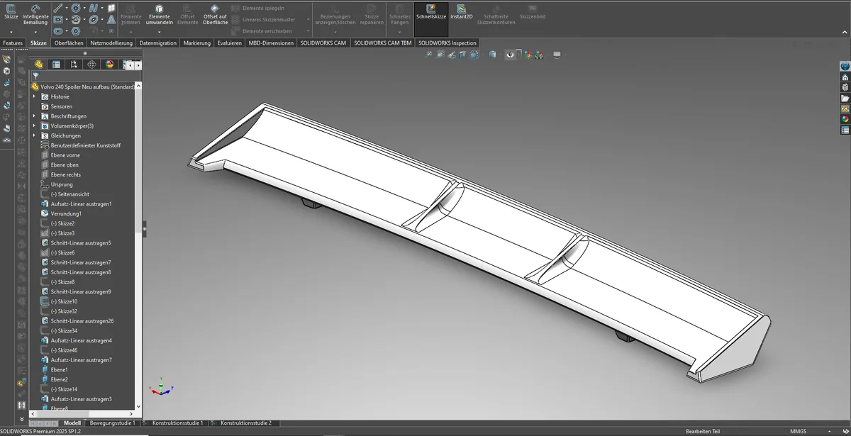CAD-Konstruktion eines Group-A-Heckspoilers für den Volvo 240 in SolidWorks