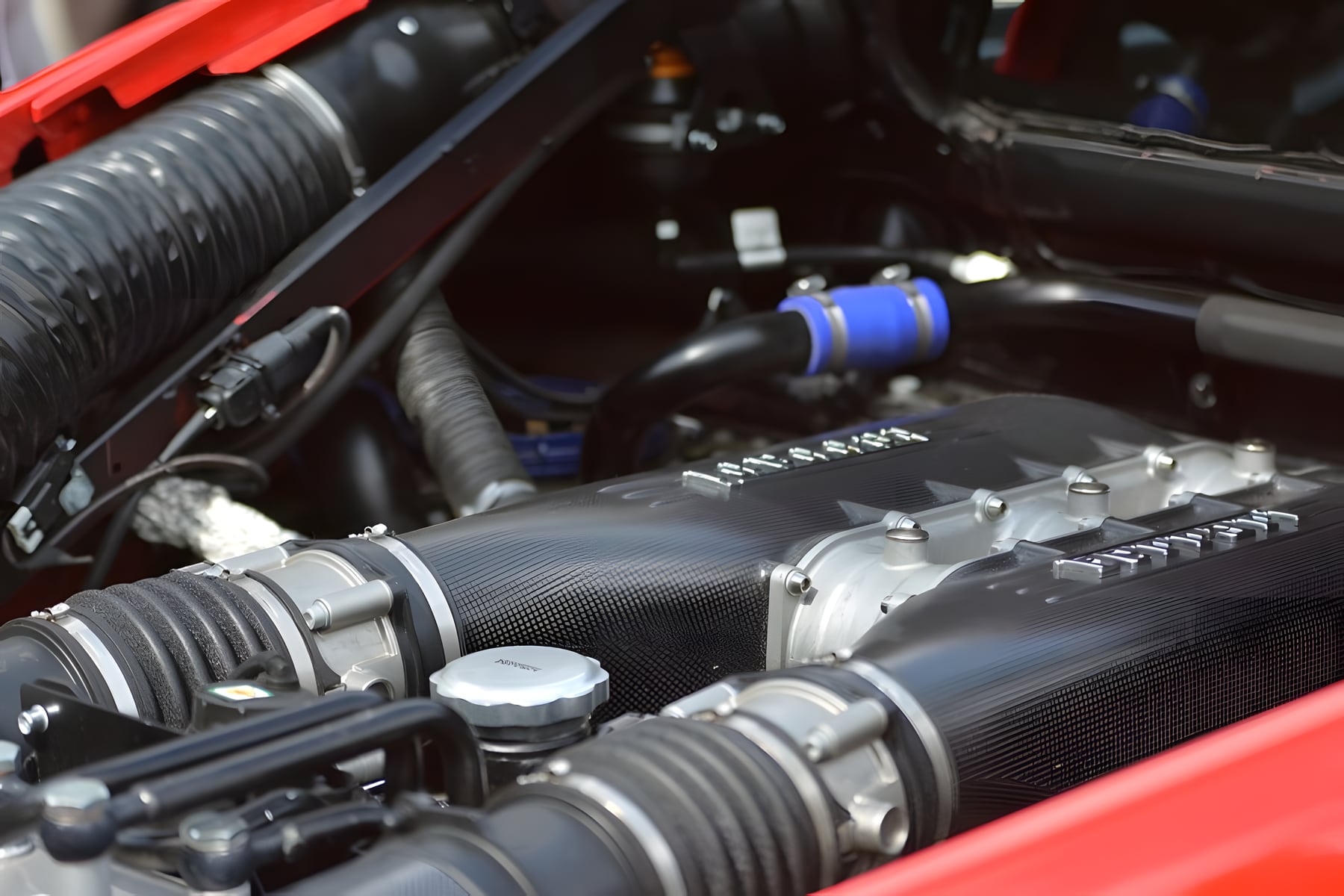 Blick in den Motorraum eines Sportwagens mit V-Motor und Ansaugbrücke